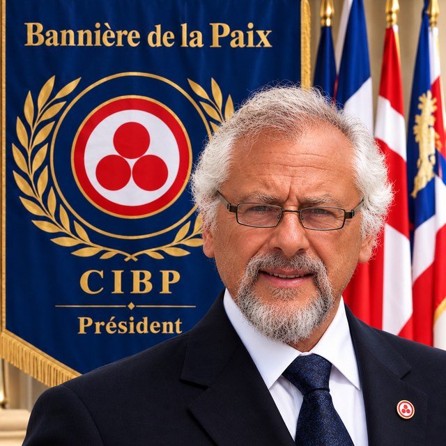 Thierry Bécourt, Président du CIBP, devant la Bannière de la Paix et les drapeaux