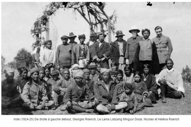 Inde, 1924-1925. De droite à gauche, debout : Georges Roerich, le lama Lobzang Mingyur Dorje, Nicolas et Héléna Roerich.