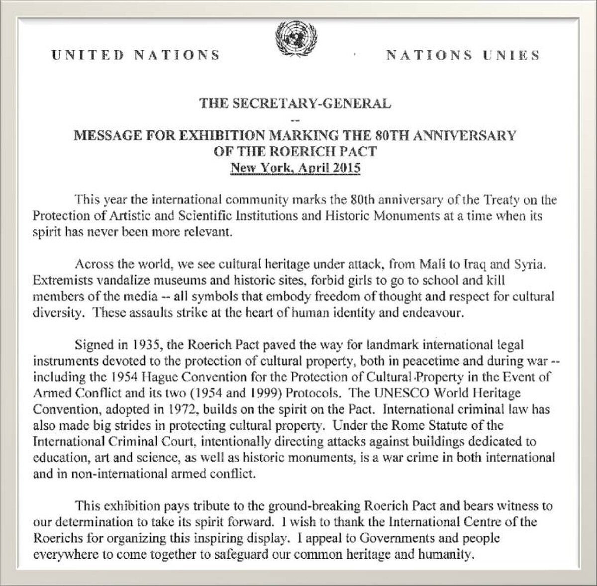 Message du Secrétaire général des Nations Unies pour le 80e anniversaire du Pacte Roerich, New York, avril 2015